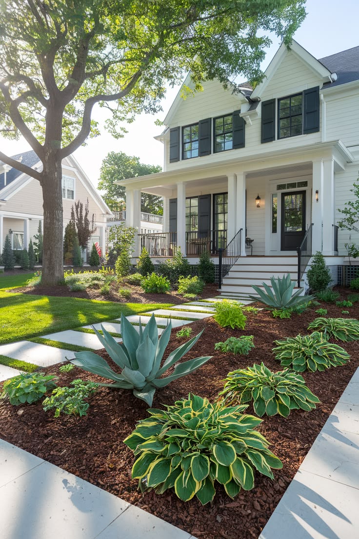 Artificial turf front lawn with a stepping-stone path and mulched planting beds in front of a house in the San Fernando Valley