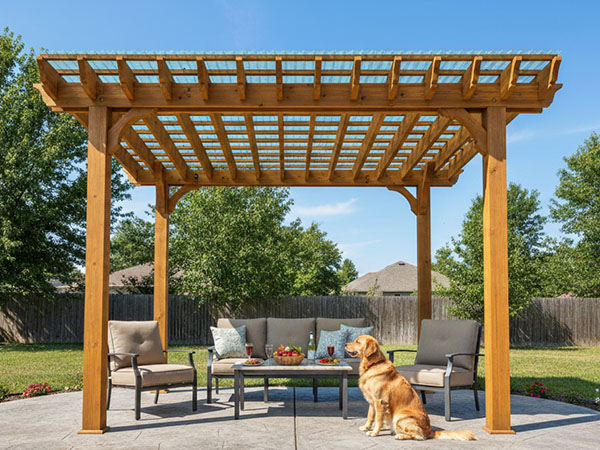 Freestanding wooden pergola shading outdoor seating on a backyard patio in the San Fernando Valley