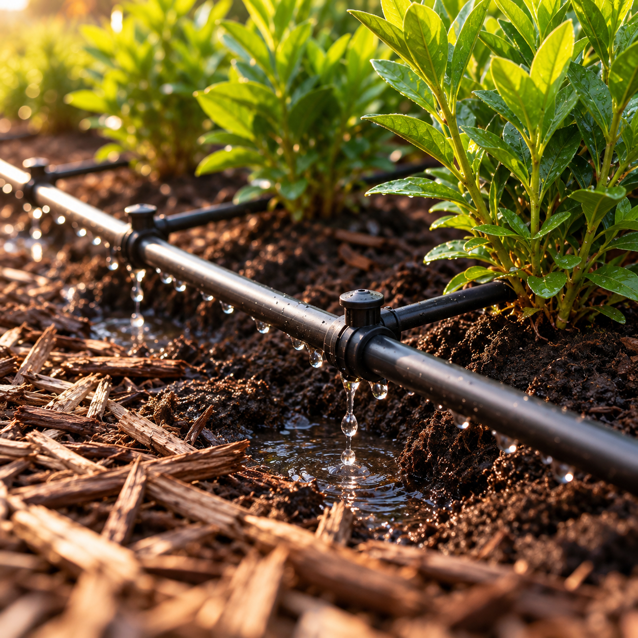 Drip irrigation watering garden plants in warm golden-hour light in the San Fernando Valley