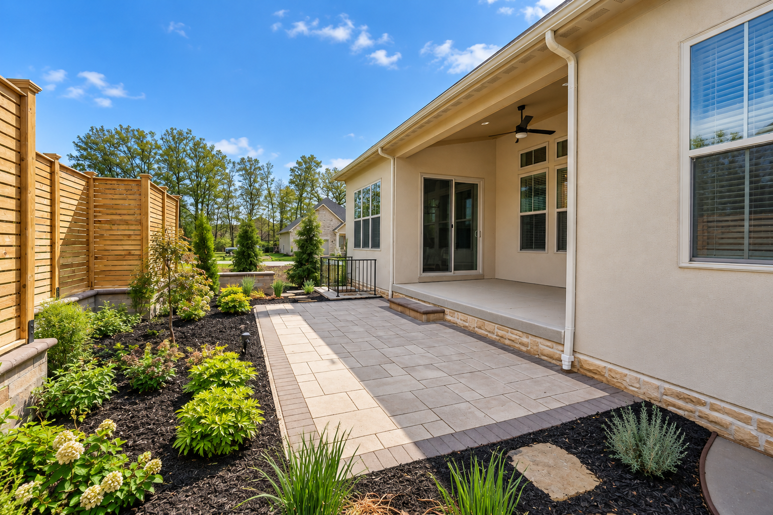 Backyard landscaping with a paver patio, mulched planting beds, and shrubs beside a house in the San Fernando Valley