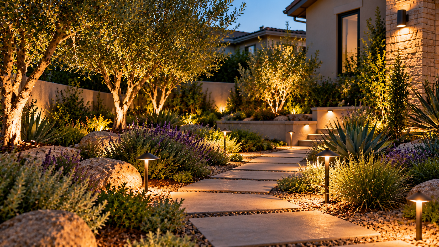 Landscape lighting illuminating a garden path at twilight, part of front yard landscaping in the San Fernando Valley