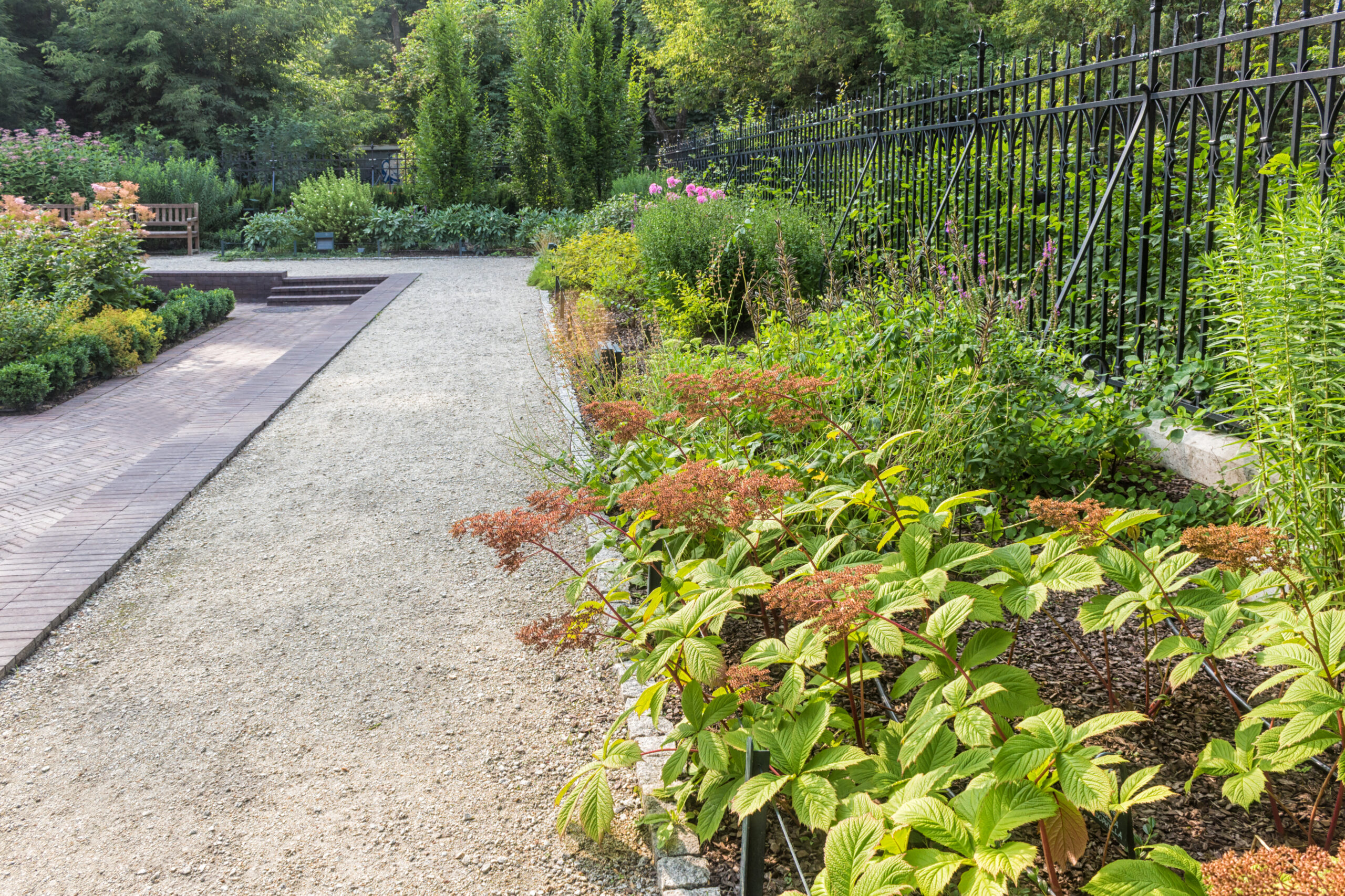 Landscaping with a gravel garden path, lush planting beds, and a black iron fence in the San Fernando Valley