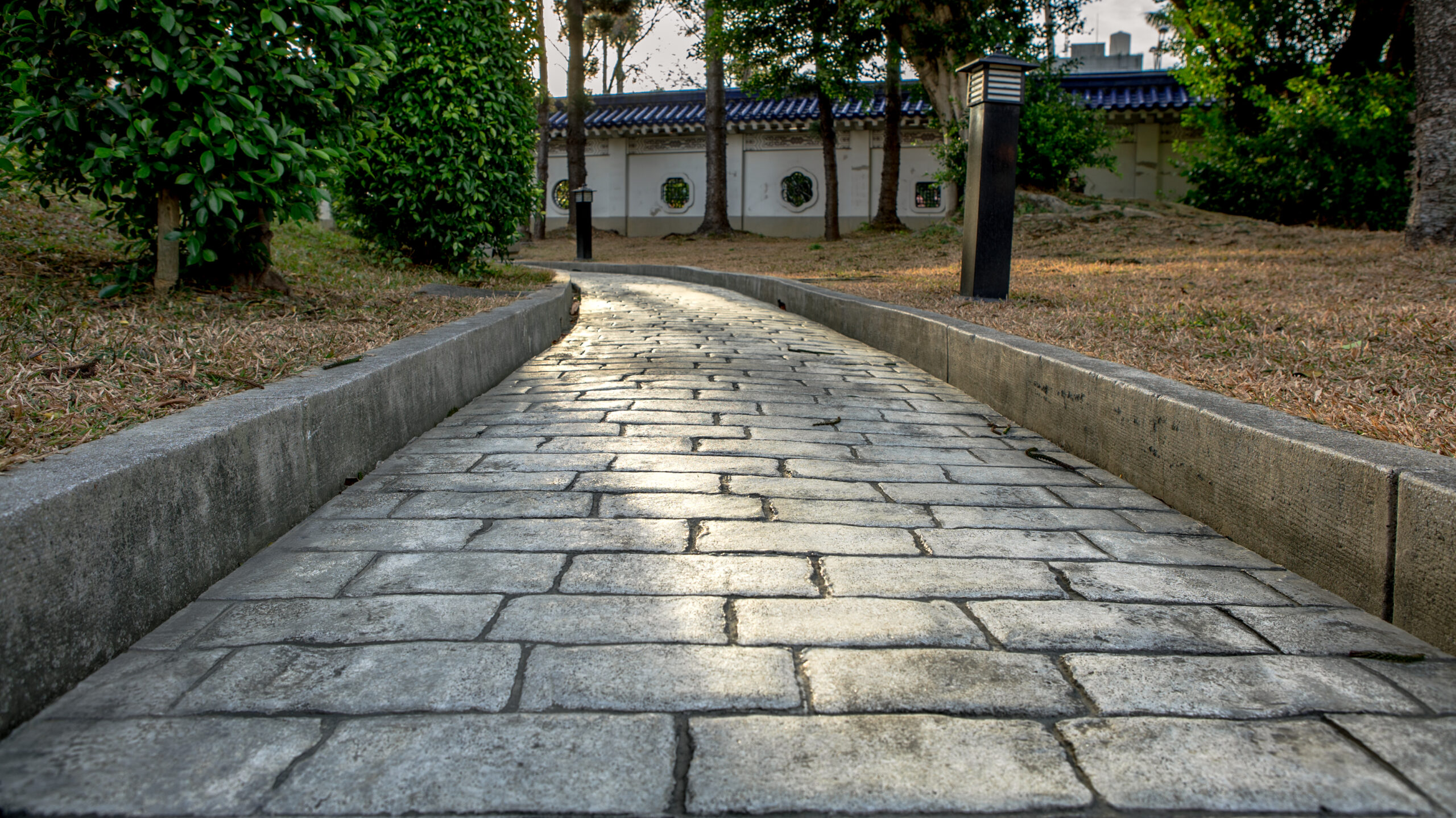 Landscaping with a curved stone paver walkway, concrete edging, and lawn with trees in the San Fernando Valley