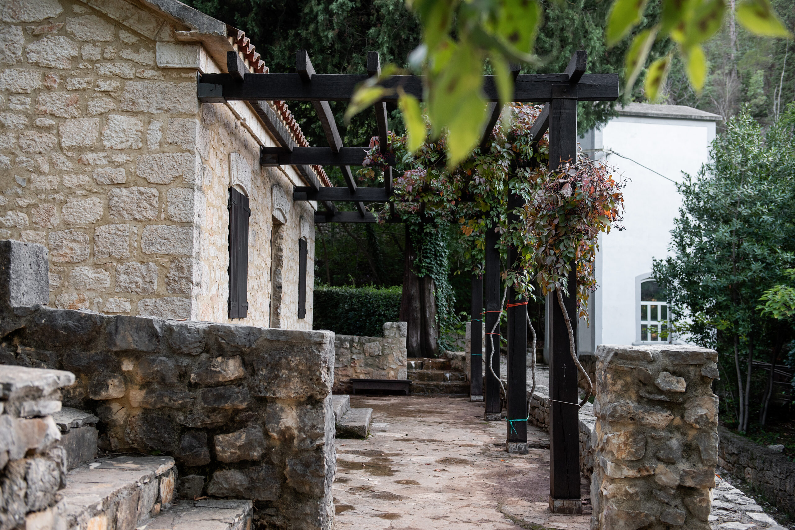 Wooden pergola with climbing plants against stone walls creating a backyard patio living space in Calabasas.